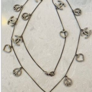 Chanel Peace Sign, Hearts & CC Gunmetal & Crystal Necklace